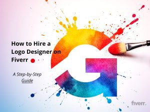 Professional designer working on logo concepts at computer screen showing Fiverr marketplace interface.