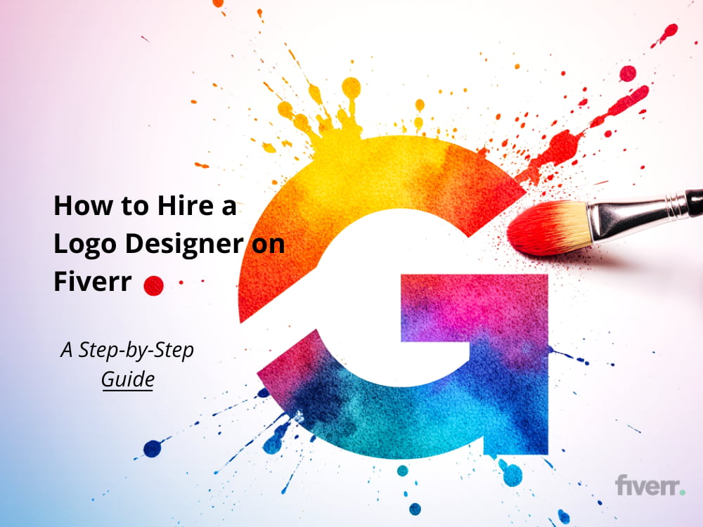 Professional designer working on logo concepts at computer screen showing Fiverr marketplace interface.