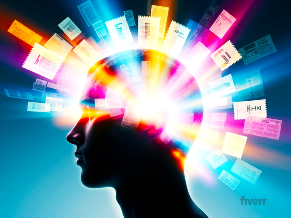 Abstract profile of a person with colorful light rays and print layout elements radiating from their head, symbolizing creative thinking and technical preparation for print design.